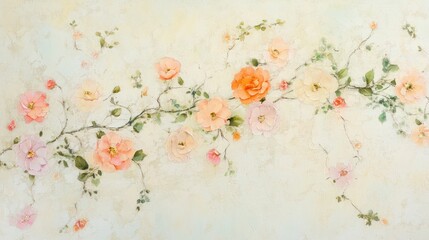 Pastel roses vine wall art, beige background, home decor