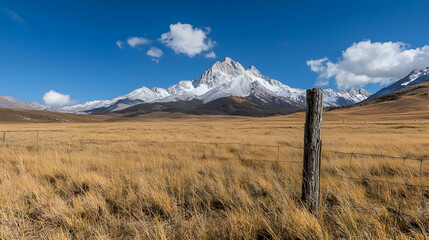 Mountain meadow autumn landscape, snow-capped peaks