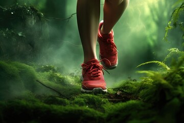 Runner in red sneakers on mossy forest trail at dawn with green misty background. Morning jogging in mystical woodland. Active lifestyle and nature concept
