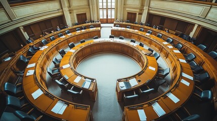 A legislative hall in the midst of a heated debate over a proposed law. Featuring conflict and democratic processes
