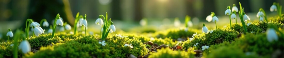 Forest floor with scattered snowdrop flowers and moss carpet, early spring, carpet