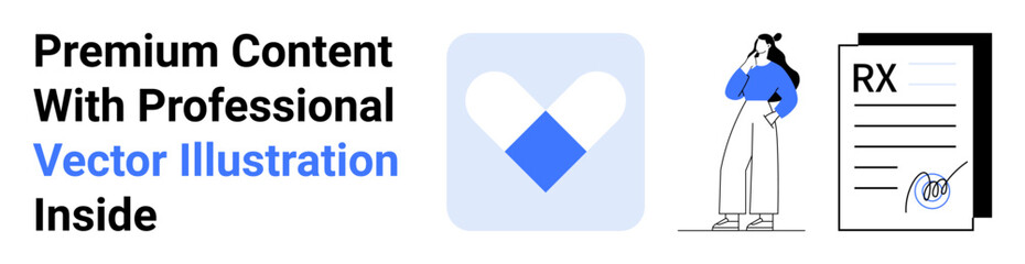Woman in casual attire with a thoughtful pose, heart-shaped health logo, and signed medical prescription. Ideal for healthcare, wellness, professional services, online platforms, technology