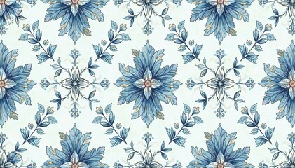 Vintage-inspired seamless damask pattern featuring intricate flowers and leaves in soft shades of blue and gray, vintage, damask