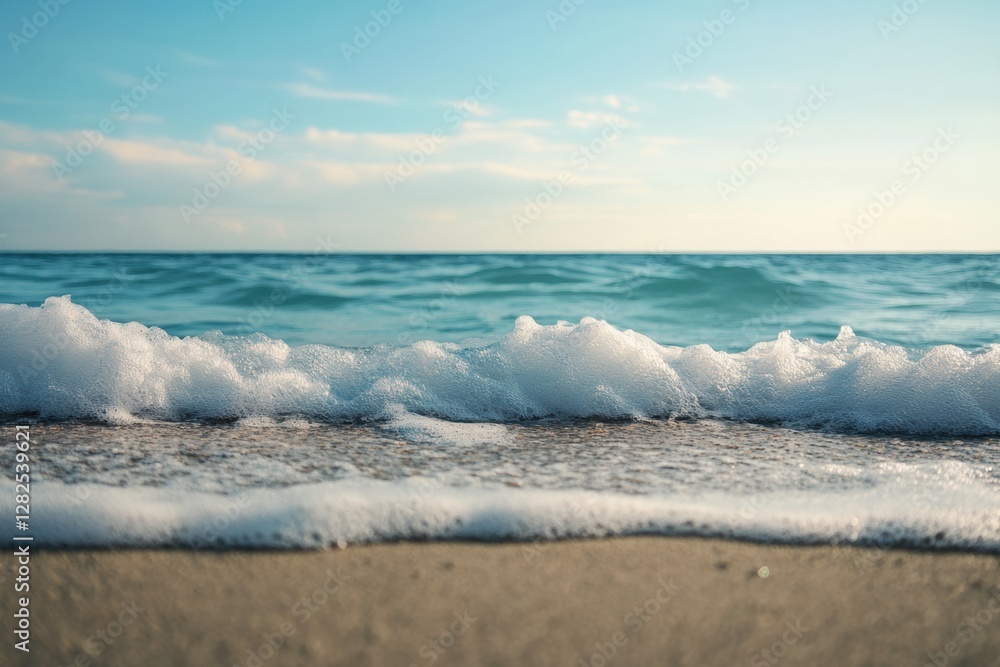 Poster waves gently lap against the shore under a bright blue sky during late afternoon by the ocean. gener