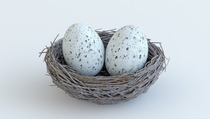 Obraz premium Two speckled eggs in a nest on white background