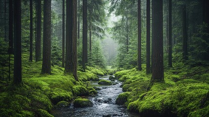 Fototapeta premium A mystical forest with towering trees, lush green moss-covered ground, and a small stream meandering through the scene. The misty air adds an ethereal quality to the landscape