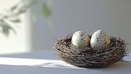 Fototapeta premium Two speckled eggs in a nest, sunlight, nature background