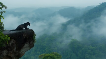 Spotted Jaguar Wild Cat Jungle Environment Habitat Overlooking Mountains.