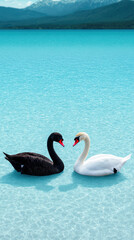 Obraz premium Black and white swan pair swimming in tranquil blue water