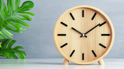 Wooden Clock on Table with Green Plant and Modern Background