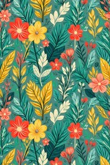 Obraz premium Charming eco-friendly line art, repeating seamless texture, botanical, leaves