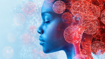Stylized depiction of cells and a person in a blue and red toned image