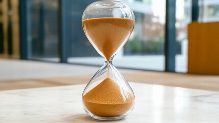 Elegant hourglass with flowing sand in modern interior space