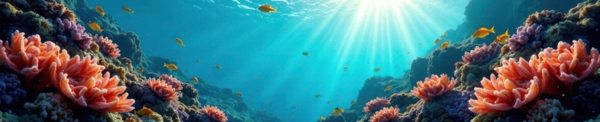 Sunlit reef, teeming with life, stunning underwater scene, nature, sea creatures