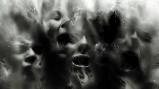 Sinister screaming faces, contorted with rage, emerge against a dark cloth backdrop, evoking a sense of intense turmoil and anguish