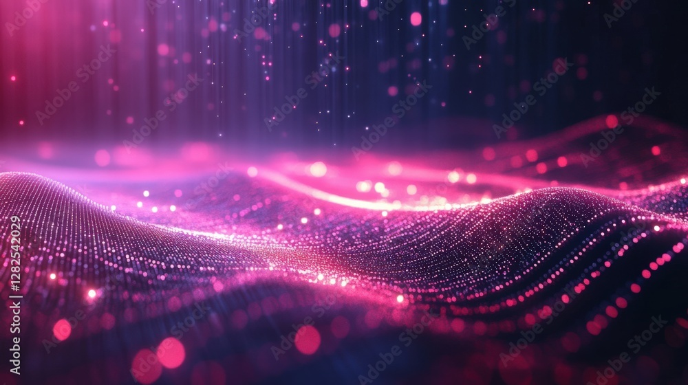 Poster a beautiful and abstract visualization of colorful digital waves and particles in pink and purple hu