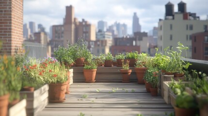 Fototapeta premium Rooftop Garden with Cityscape Background in Terracotta Pots