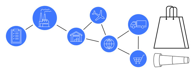 Linear sequence featuring clipboard, factory, warehouse, globe, airplane, truck, shopping cart, shopping bag and telescope. Ideal for logistics production distribution retail e-commerce global