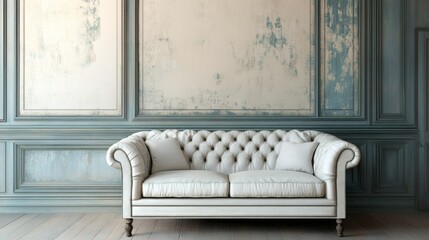 Elegant White Chesterfield Sofa Against Vintage Blue Wall