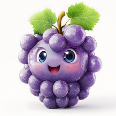 3D realistic grape, cartoon style, white background, illustration, sticker. Nursery art for kids in a minimal style with a cute and cool character of purple grapes. 