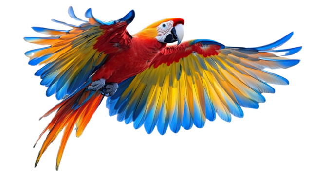 Colorful Wings: A vibrant macaw takes flight, showcasing its stunning plumage in a dynamic display, the photo captures a moment of natural elegance and the freedom of flight. - Powered by Adobe