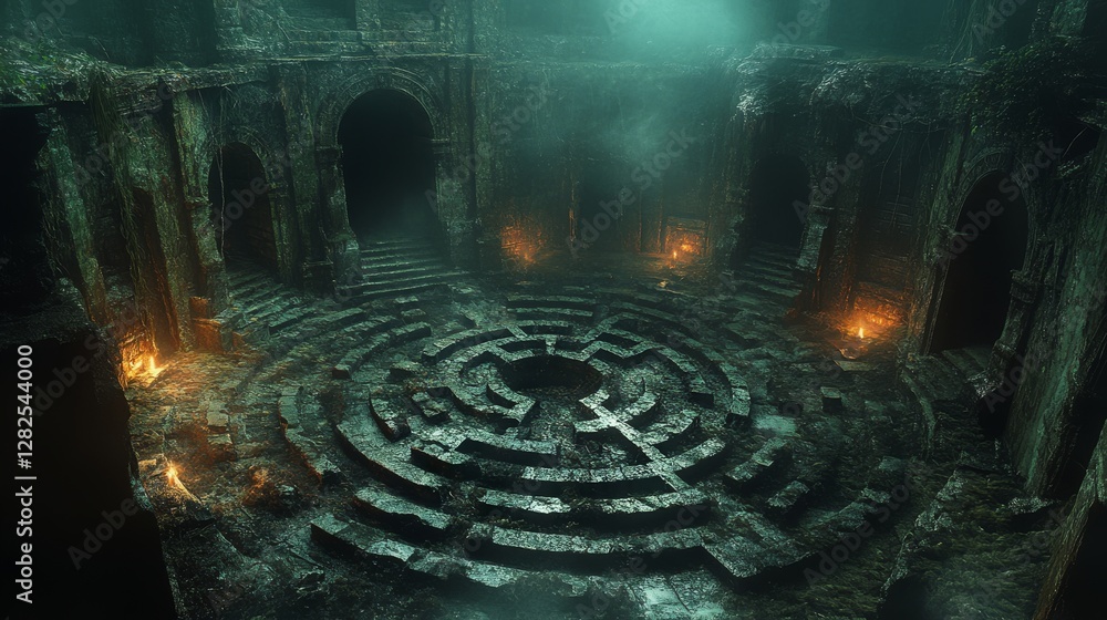 Aufkleber mystical labyrinth with complex maze structure in dark environment