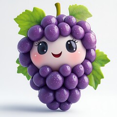 3D realistic grape, cartoon style, white background, illustration, sticker. Nursery art for kids in a minimal style with a cute and cool character of purple grapes. 