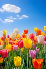 Colorful tulip flowers in field against blue sky