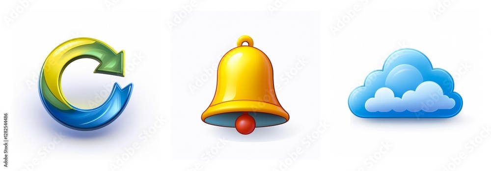 Poster three glossy icons in a horizontal row on a white background. the icons are: a refresh arrow, a gold
