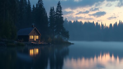 Fototapeta premium Lakeside Cabin Illuminated At Dusk Among Pines