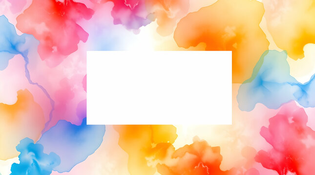  Watercolor-style splashes of vibrant colors frame a blank white rectangle, creating a lively and artistic design.