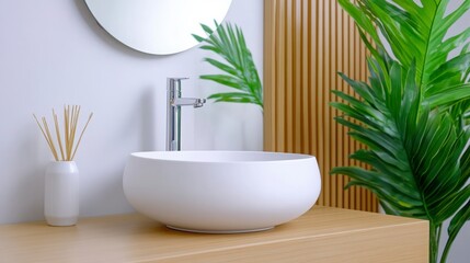 Fototapeta premium Modern Bathroom Sink with Stylish White Bowl and Green Plants