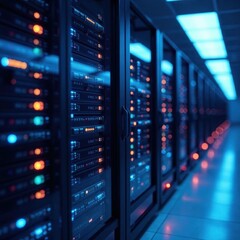 Gleaming server racks, vibrant blue data streams, futuristic architecture, innovation, server farm