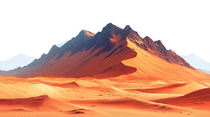 Naklejka premium Crimson Peaks and Sandy Dunes: An awe-inspiring vista of rugged, red-hued mountains juxtaposed against rolling sand dunes, capturing the stark beauty of a remote desert landscape. 