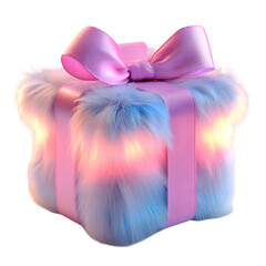 Fluffy 3D Cartoon Gift Box with Glowing Ribbons Isolated on Transparent Background