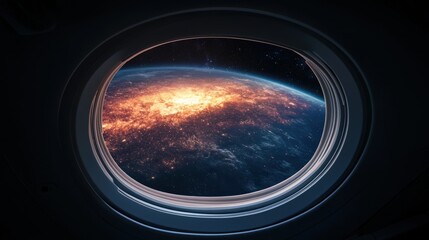 A Stunning View of Earth from Space: Captured Through a Porthole of a Spacecraft, Showcasing Vibrant Colors of the Atmosphere and Planetary Landscape