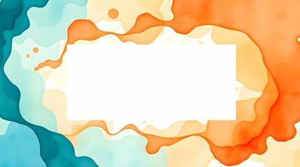 Obraz premium Abstract watercolor with flowing teal and orange shapes framing a blank white rectangle in the center.