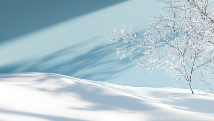 Frosty winter tree, snowy landscape, blue background, product display