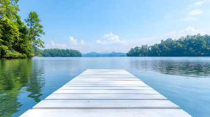 Obraz premium Serene lake view, wooden dock, calm water, lush greenery