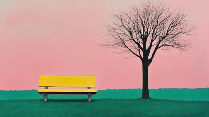 Yellow park bench, bare tree, pink sky, peaceful scene, contemplative mood
