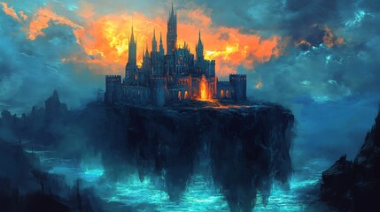 Enigmatic Floating Castle at Sunset - Fantasy Island Fortress