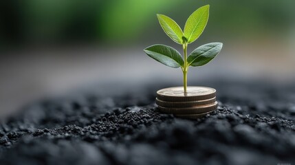 A Close-Up of a Green Plant Growing from a Stack of Coins, Representing Growth and Prosperity in Financial Investments
