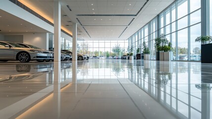 An empty dealership with an expansive showroom and smooth floors. Featuring serenity and potential