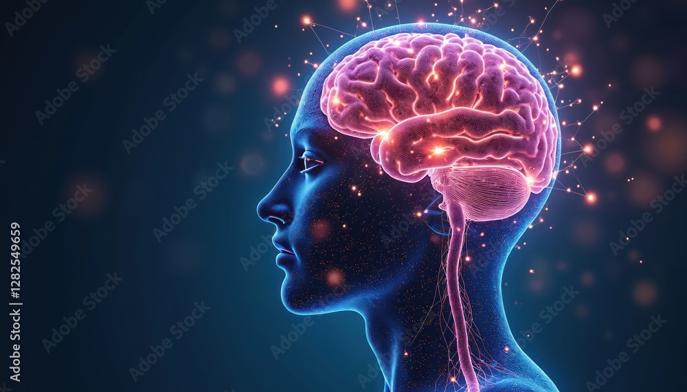 Fototapete illustration of human head with glowing brain inside with neural connections and data points. futuri