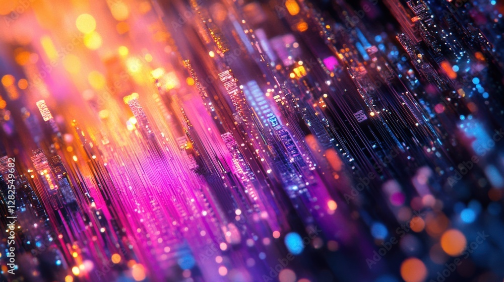Poster a colorful abstract representation of digital data flowing through a vibrant cityscape, showcasing v