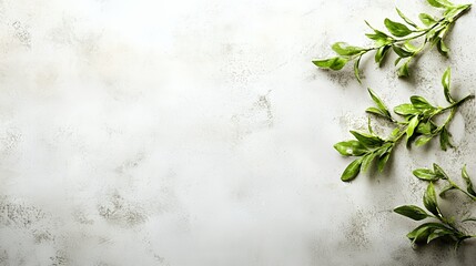 Fresh Green Leaves on a White Textured Background