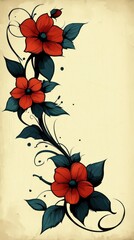 Vintage-style digital illustration of three vibrant red flowers with dark centers and curving green tendrils on a beige background