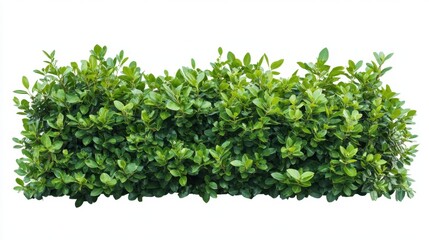 Obraz premium A green hedge with leaves is shown in a white background. The hedge is full of green leaves and is very dense