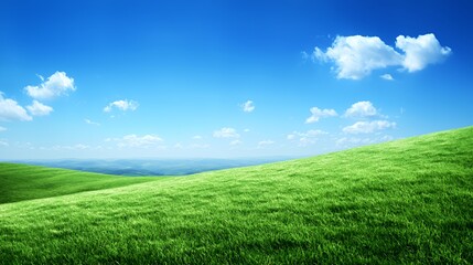Obraz premium Bright Sunny Day Landscape Rolling Green Hills Under Blue Sky with Fluffy White Clouds