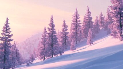 Obraz premium Pink dawn illuminates snowy mountain slope and frosty pine trees forest